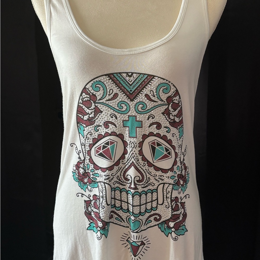 White Sugar Skull Studded Shredded Tank Top Size L